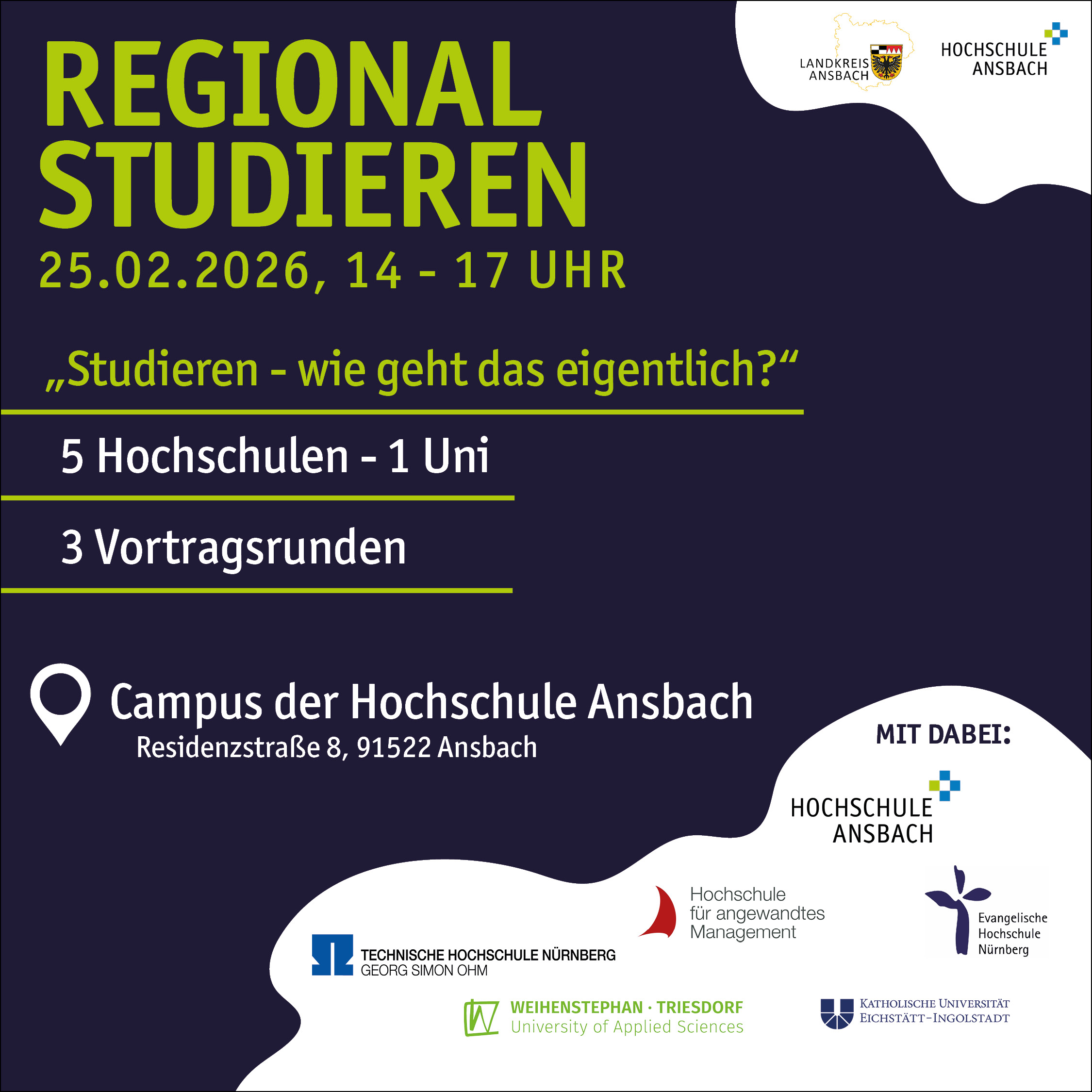 Plakat regional studieren. Text und Hochschul-Logos