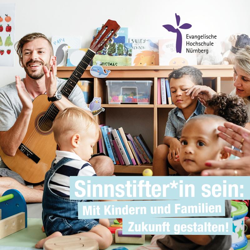 Sinnstifter*in sein - Foto von Mann mit Gitarre mit Kindern, Kita-Szene