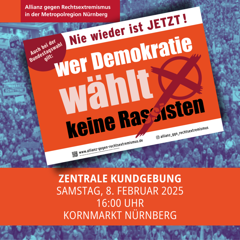 Bild Demo-Aufruf Nie wieder ist JETZT - 8.2.2025, 16 Uhr Kornmarkt Nürnberg