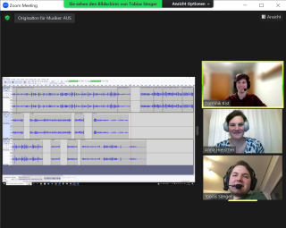 zoom-Bildschirm, drei Personen, Radio-Audio-Software auf dem Screen